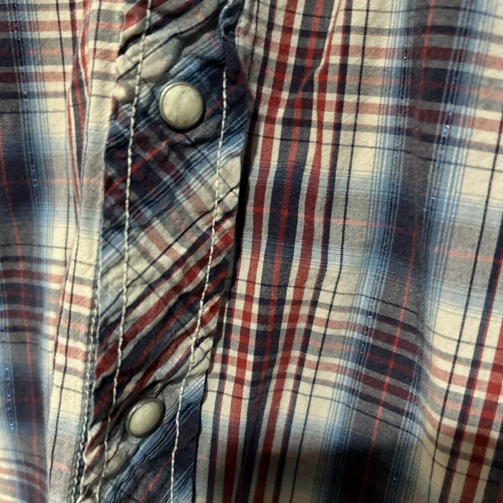 VTG Lucky Brand Western Shirt Womens M Cowgirl Pearl Snap Plaid Tiger Patch - Picture 5 of 16